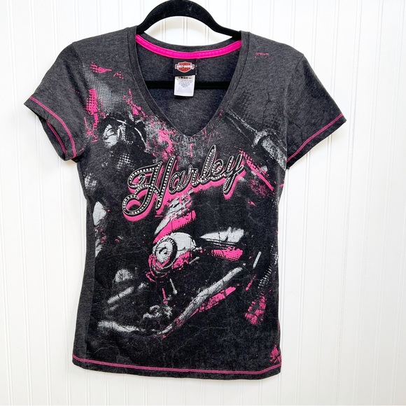Harley-Davidson Tops - Harley Davidson Gray & Pink Rhinestone Embellished Short Sleeve Tee Size Small
